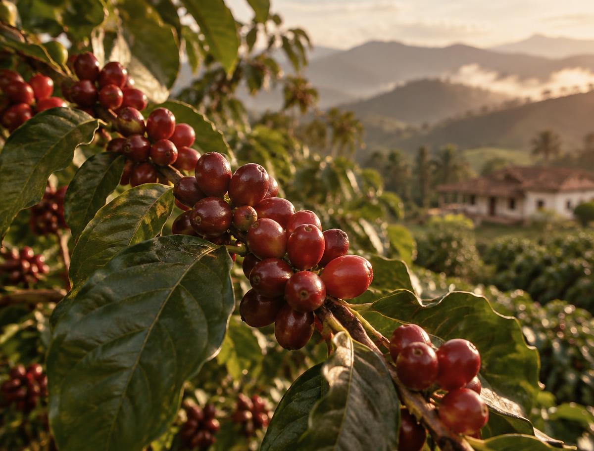 Cerezas maduras de café Castillo en la rama, con las montañas de la finca al fondo