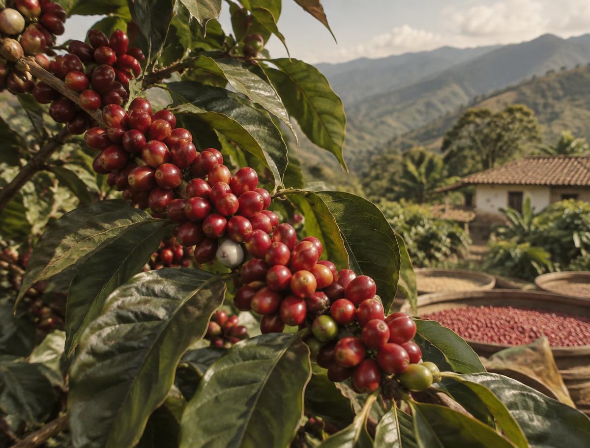 Rama compacta de café Caturra cargada de cerezas rojas en la ladera cafetera